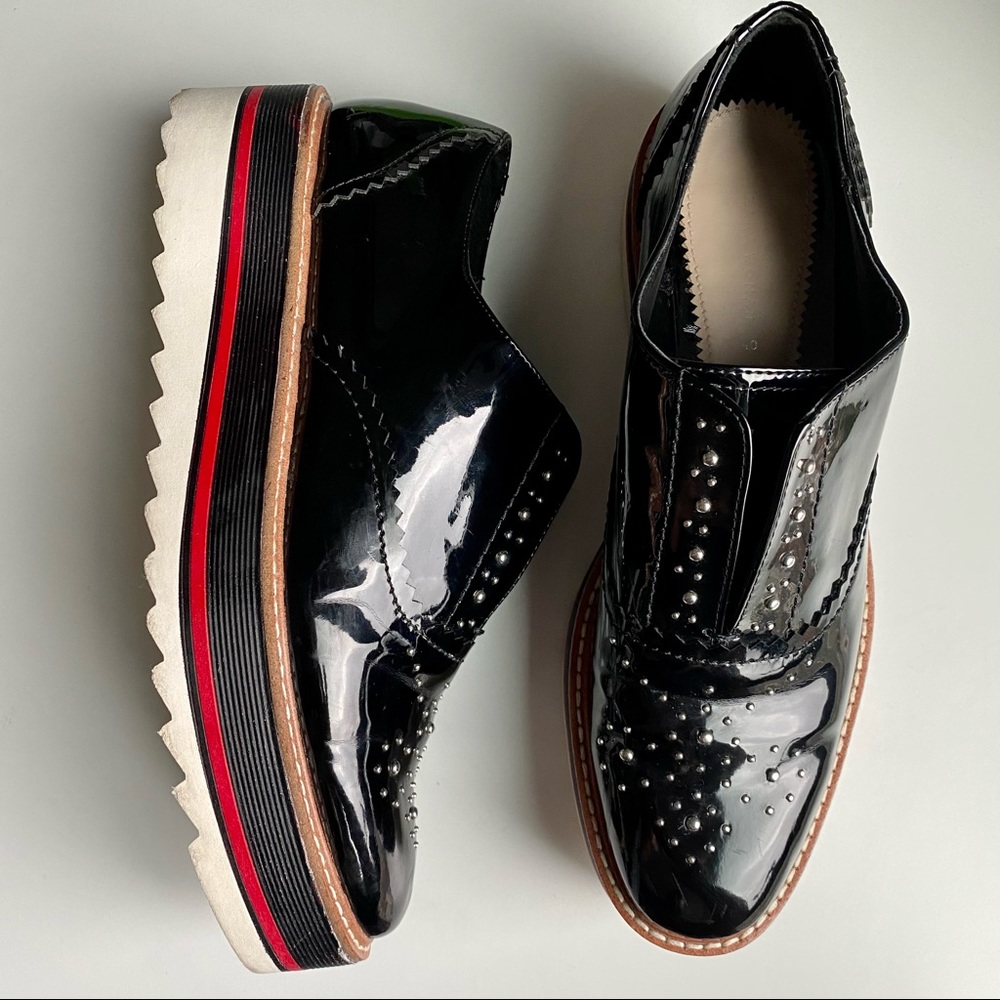 Zara Studded Patent Flatform Oxford Shoes Size 9